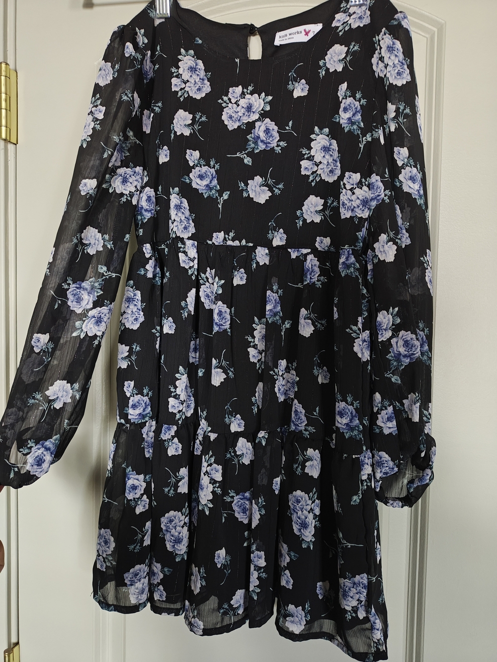Knitworks Black Floral Long-Sleeve Dress with Blue and White Flowers